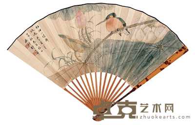 郁文华 戊子（1948年）作 荷塘翠鸟图 成扇 